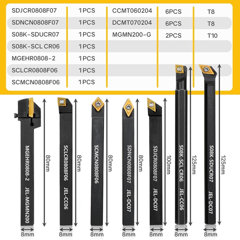 Joogto Indexable Lathe Turning Tool 21Pcs Kit 5/16" 8mm Shank 7 Pcs Metal Lathe Tool Holder Set with 14 Pcs Turning Inserts for Turning Grooving Threading Boring Carbide Inserts Carbide Turning Tool - Image 2
